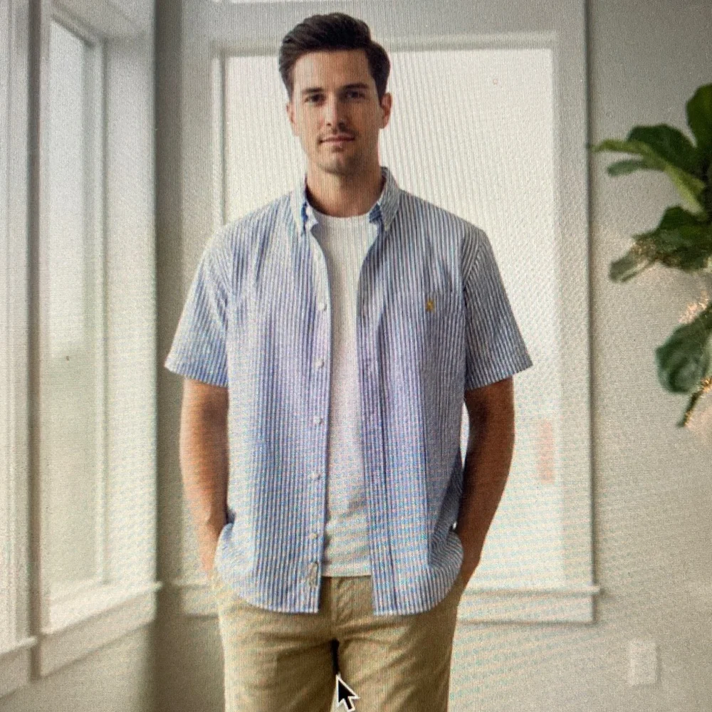 Polo Ralph Lauren Blue & White Seersucker Short Sleeve Button Down Shirt S382